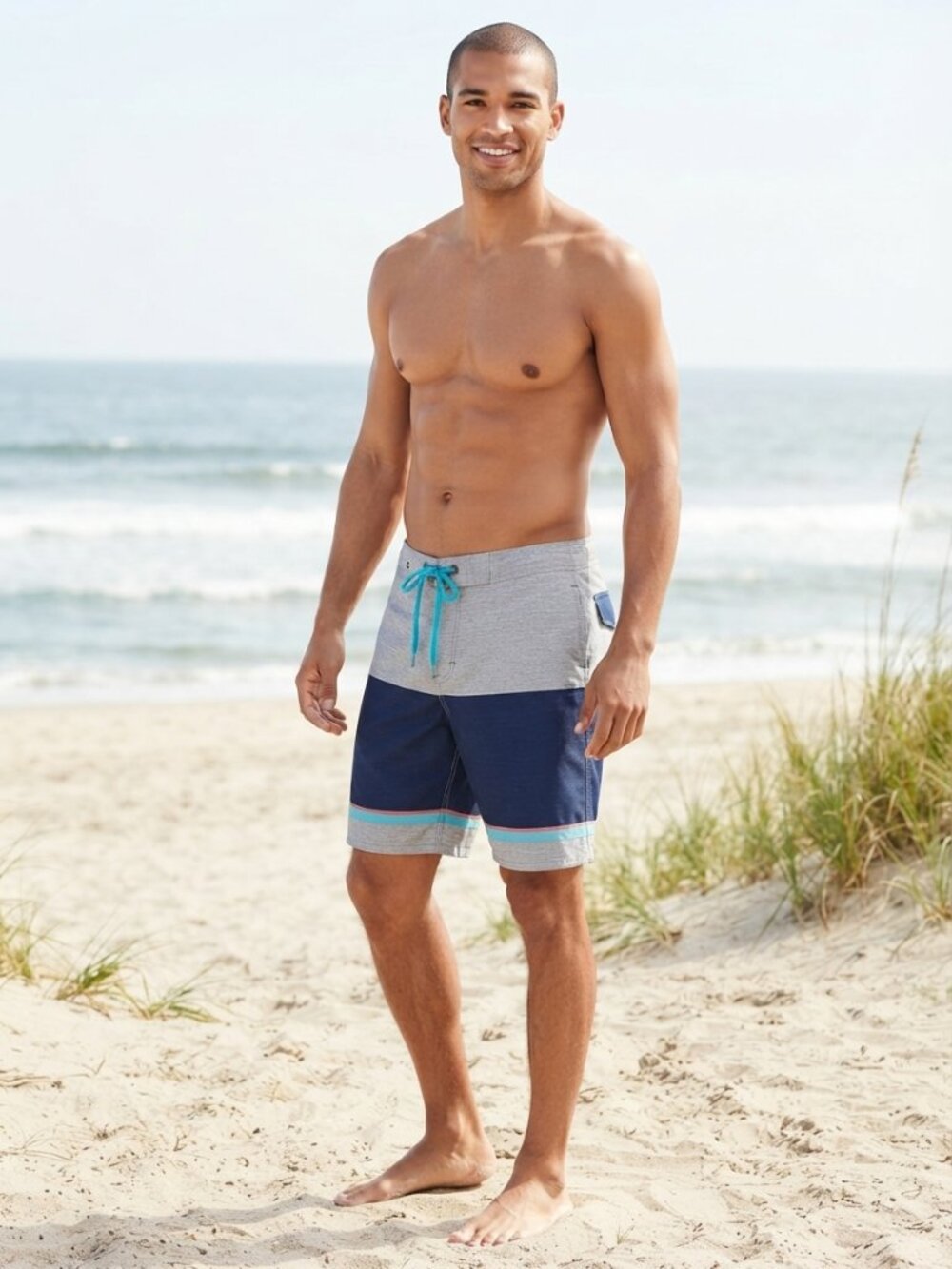 Old Navy Grey Navy Stripe Men's Colorblock Board Beach Surf Shorts - Size Small